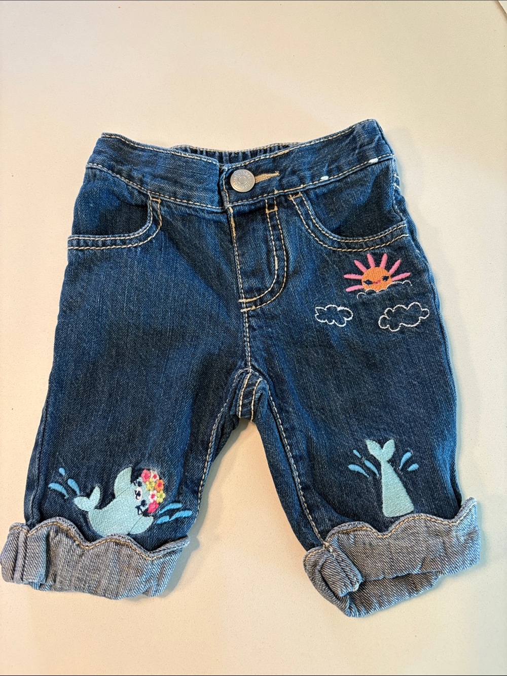 Gymboree Dark Blue Denim Whale Embroidered Cropped Pants